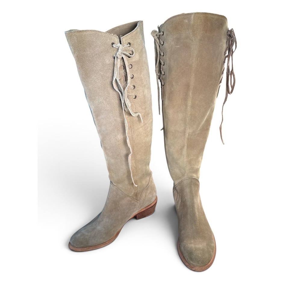 BX by Bronx Women Tan Suede Tall Lace Up Boots Size 8.5 Taupe Boho Low Heel